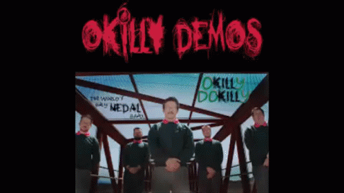 A Group Of Men Standing On A Bridge With The Words Okilly Demos Written In Red GIF