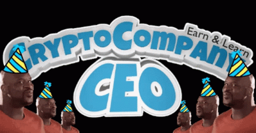 A Group Of Men Wearing Party Hats Are Standing In Front Of A Crypto Company Logo GIF