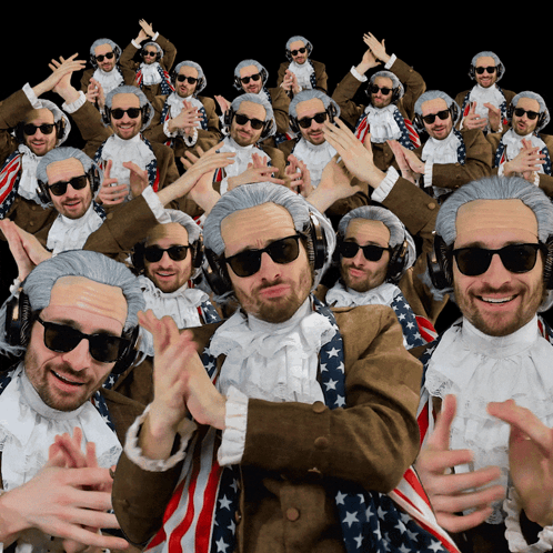 A Group Of Men Wearing Wigs And Sunglasses Are Dancing GIF