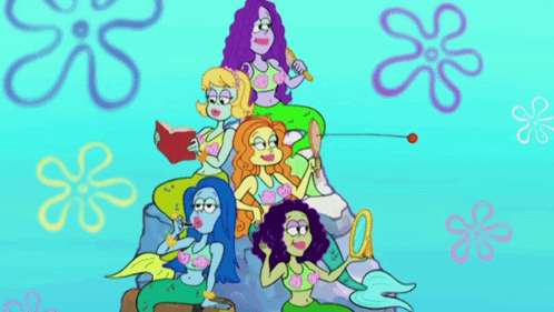 A Group Of Mermaids Are Sitting On Top Of Each Other GIF