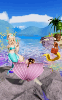 A Group Of Mermaids Are Standing On A Rock In The Ocean . GIF