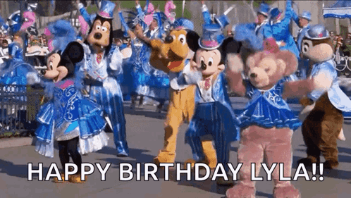 A Group Of Mickey Mouse , Minnie Mouse , Pluto And Duffy Bears Are Dancing In A Parade . GIF