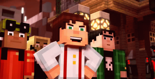 A Group Of Minecraft Characters Are Standing In A Line GIF