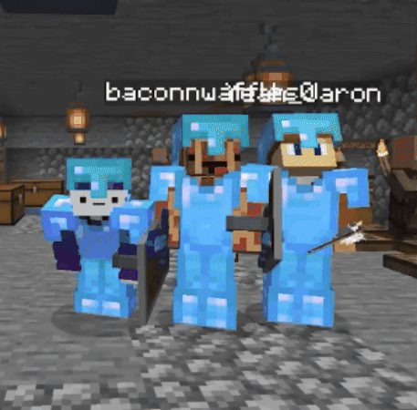 A Group Of Minecraft Characters Are Standing Next To Each Other With The Name Baconnwaffebbs @ Aron On The Bottom GIF