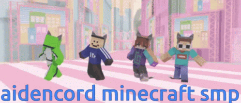 A Group Of Minecraft Characters On A Pink Background With The Words Aidencord Minecraft Smp On The Bottom GIF