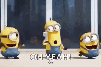A Group Of Minions Are Dancing In Front Of A Window And Saying `` Oh Yeah ! '' GIF