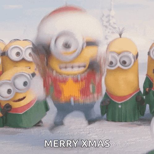 A Group Of Minions Are Dancing In The Snow And The Words Merry Xmas Are Visible GIF