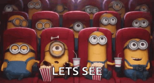 A Group Of Minions Are Sitting In A Theater With Popcorn And Drinks . GIF