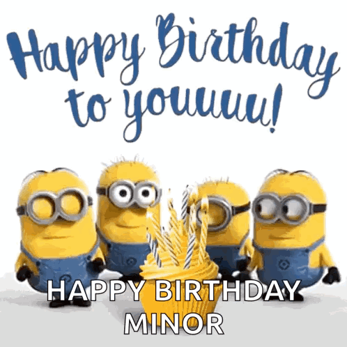 A Group Of Minions Are Standing Around A Cupcake With Candles And The Words Happy Birthday Minor GIF