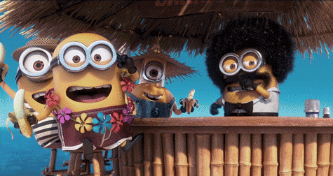 A Group Of Minions Are Standing In Front Of A Bamboo Bar GIF