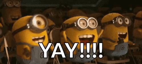 A Group Of Minions Are Standing Next To Each Other And Laughing And Saying Yay . GIF