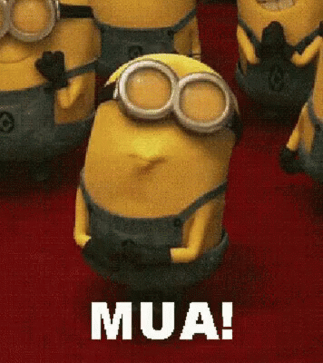 A Group Of Minions Are Standing Next To Each Other And One Of Them Says Mua ! GIF