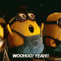 A Group Of Minions Are Standing Next To Each Other And One Of Them Says Woohoo Yeah . GIF