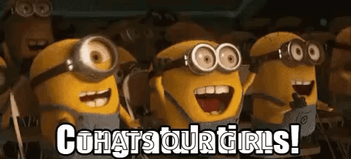 A Group Of Minions Are Standing Next To Each Other And Shouting Congratulations To Their Girls . GIF