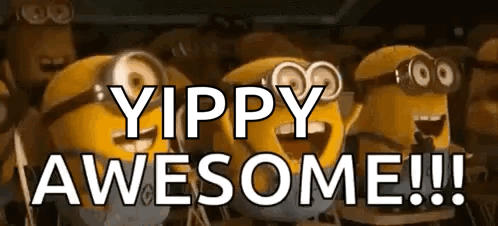 A Group Of Minions Are Standing Next To Each Other With The Words `` Yippy Awesome '' . GIF