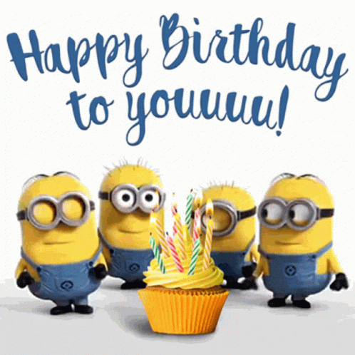 A Group Of Minions Standing Around A Cupcake That Says Happy Birthday To Youuuu GIF