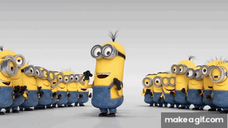 a group of minions standing next to each other with a make a gif.com button