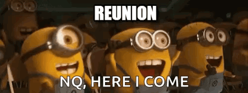 A Group Of Minions Wearing Goggles Are Standing Next To Each Other With The Words `` Reunion No Here I Come '' . GIF