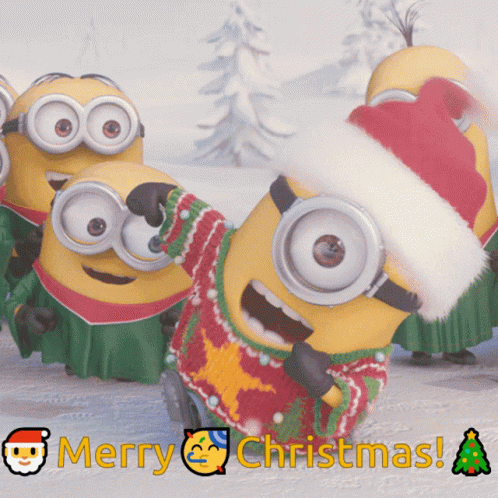 A Group Of Minions Wearing Santa Hats And Sweaters With Merry Christmas Written Below Them GIF