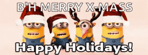 A Group Of Minions Wearing Santa Hats With The Words Merry X-Mass Happy Holidays Below Them GIF
