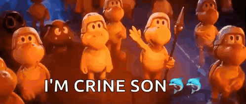 A Group Of Monkeys Are Standing Next To Each Other With The Words I 'M Crine Son Written Above Them GIF