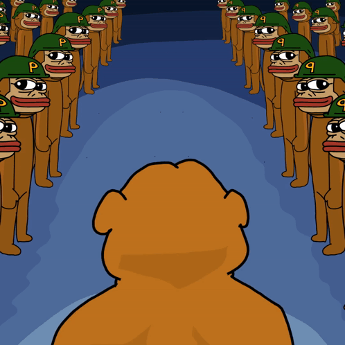 A Group Of Monkeys Wearing Green Hats With Letters P And Q On Them GIF