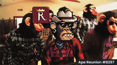 A Group Of Monkeys Wearing Plaid Shirts Are Standing In A Room With The Ape Reunion # 8297 GIF