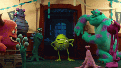 A Group Of Monsters Are Gathered In A Hallway With A Banner That Says ' Monsters ' On It GIF