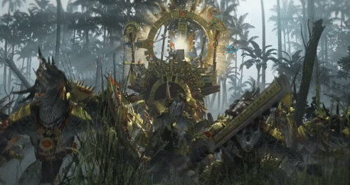 A Group Of Monsters Are Standing In A Jungle With A Statue In The Background That Says ' Apocalypse ' On It GIF