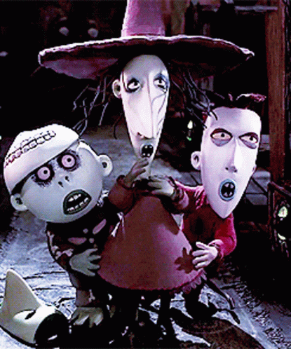 A Group Of Nightmare Before Christmas Characters Including A Witch GIF