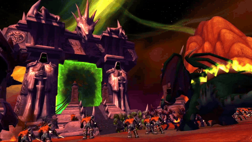 A Group Of Orcs Are Standing In Front Of A Gate With A Green Portal GIF
