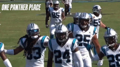 A Group Of Panthers Football Players Standing On A Field GIF