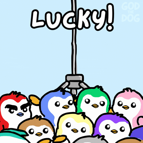 A Group Of Penguins Are Gathered In Front Of A Claw That Says Lucky GIF