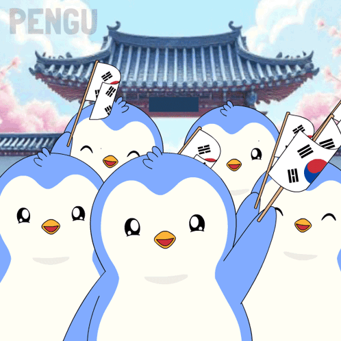 A Group Of Penguins Are Holding Flags In Front Of A Building And The Word Pengu Is On The Bottom GIF