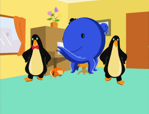 A Group Of Penguins Are Standing Around A Blue Octopus GIF