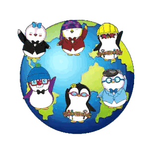 a group of penguins are standing around the globe