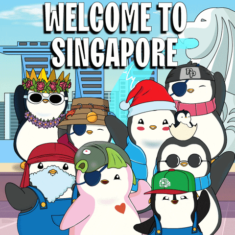 A Group Of Penguins Are Standing In Front Of A Sign That Says " Welcome To Singapore " GIF