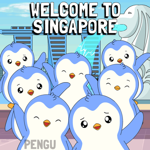A Group Of Penguins Are Standing In Front Of A Sign That Says " Welcome To Singapore " GIF