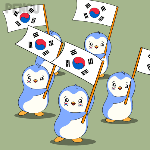 A Group Of Penguins Holding Korean Flags With The Word Pengu On The Bottom Right GIF