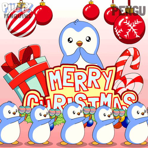 A Group Of Penguins Holding Lollipops In Front Of A Merry Christmas Sign GIF