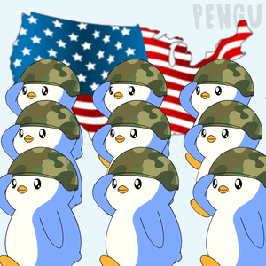 A Group Of Penguins In Military Uniforms Salute In Front Of A Flag GIF