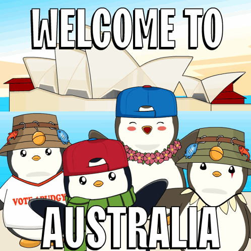 A Group Of Penguins Standing In Front Of The Opera House With The Words Welcome To Australia On The Bottom GIF