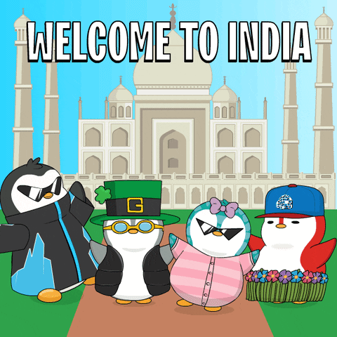 A Group Of Penguins Standing In Front Of The Taj Mahal With The Words Welcome To India Written On The Bottom GIF
