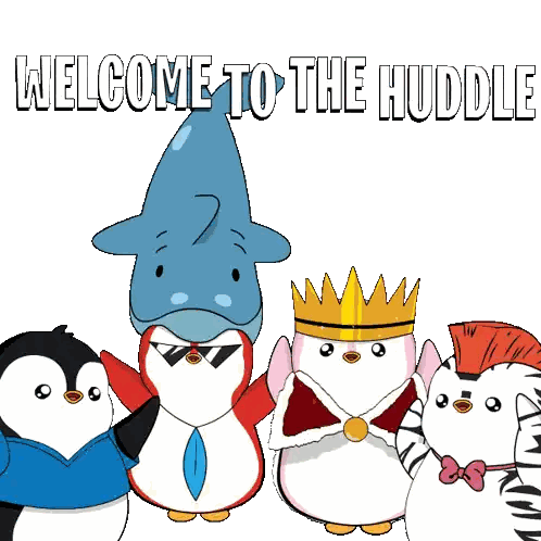 a group of penguins standing next to each other with the words welcome to the huddle written above them