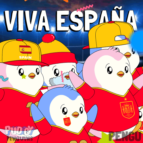 A Group Of Penguins Wearing Red Shirts And Hats With The Words Viva Espana Written Above Them GIF