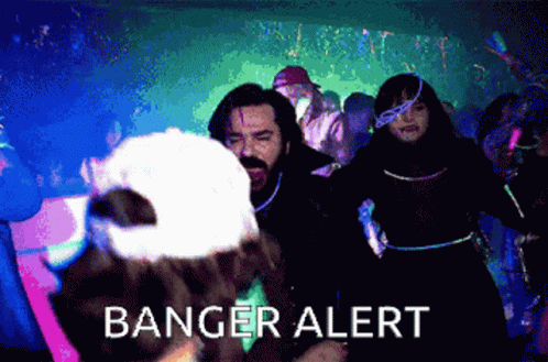 A Group Of People Are Dancing And Banger Alert Is Displayed On The Screen GIF