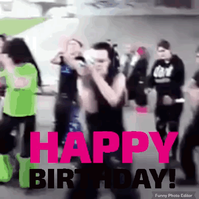 A Group Of People Are Dancing And The Words Happy Birthday Are Visible GIF