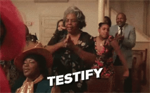 A Group Of People Are Dancing In A Church And The Word Testify Is On The Bottom Of The Image . GIF