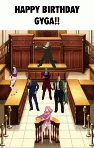 A Group Of People Are Dancing In A Courtroom With The Caption Happy Birthday Gyga !! GIF