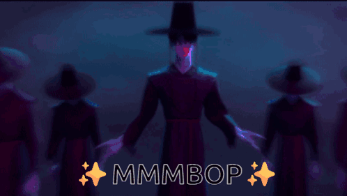 a group of people are dancing in a dark room and the words mmmbop are on the bottom